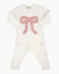 LS RUFFLE BOW APLQ SWTR/PANT SET