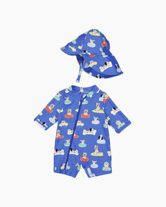 LS SWIMMING DOGS SUNSUIT + HAT SET