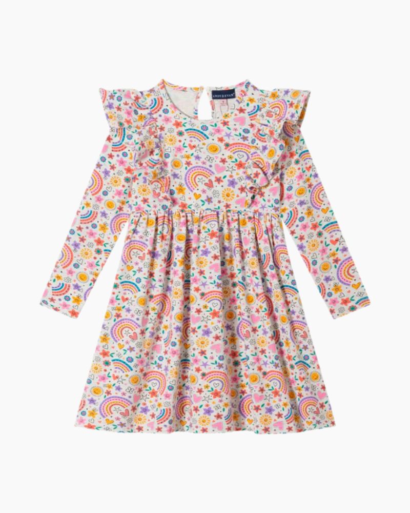 SCATTER RAINBOWS & ICONS RUFFLE DRESS