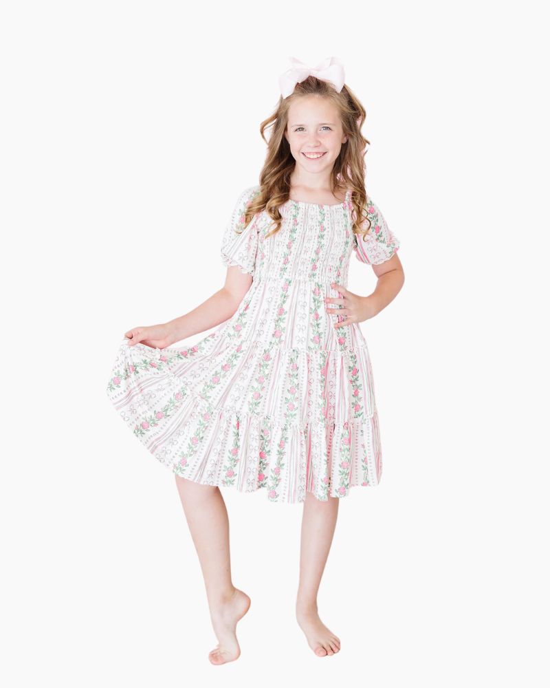 SS ROSEBUD BOWS SMOCKED DRESS