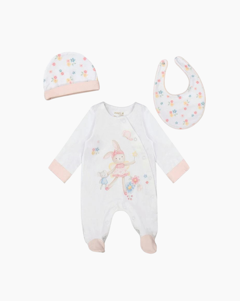 LS FLORAL BUNNY FOOTIE/BIB/HAT SET