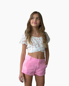 PUFF CROSSOVER HEM TIE CROP TOP