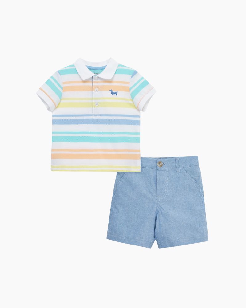 SS EMB DOG STRIPE POLO/SHORT SET