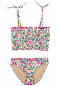 TWO PIECE SMOCKED FLORAL TUBE SWIM TOP AND SURF BOTTOMS