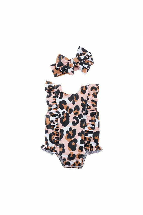 ONE PIECE LEOPARD RUFFLE SUIT WITH HEADBAND